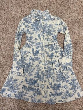 Laboratorio Capri Blue Toile Button-Front Shirt Dress VGUC pockets cotton
